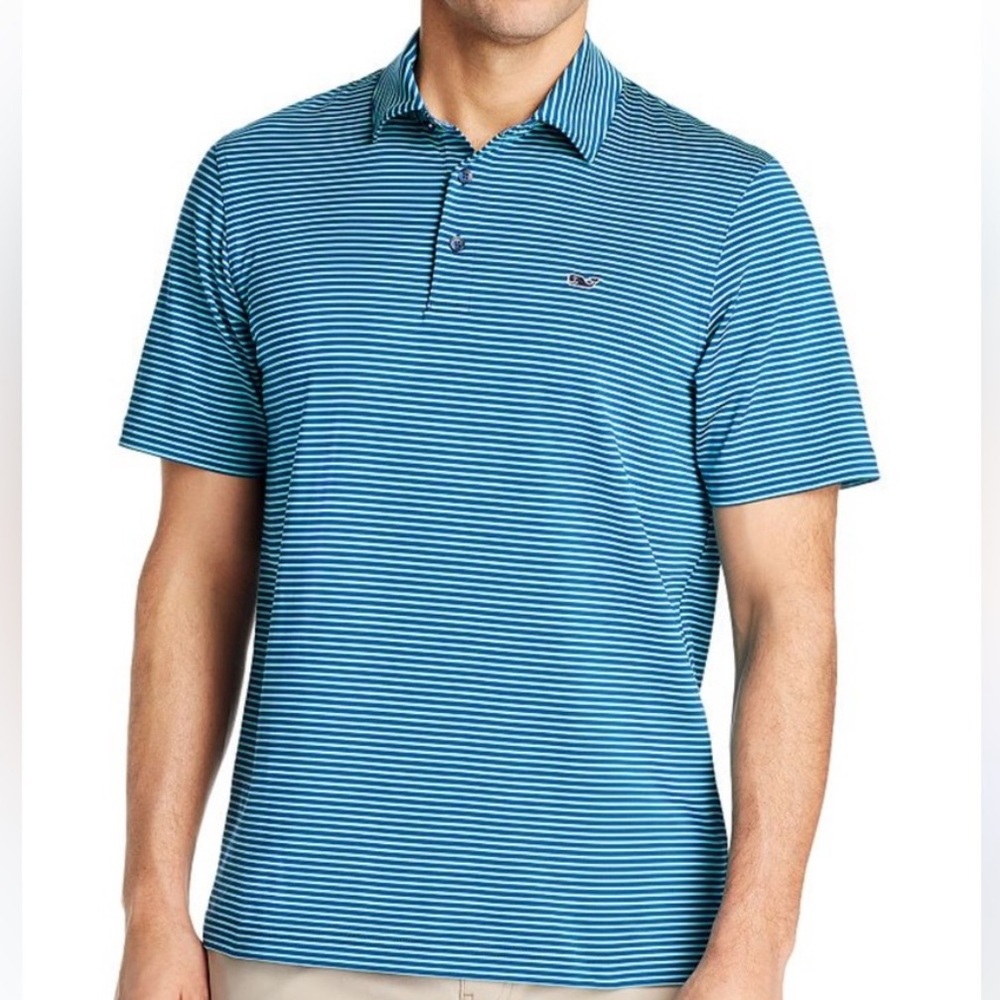 Vineyard Vines Bradley Stripe Sankaty Performance Polo Green/Blue Size M